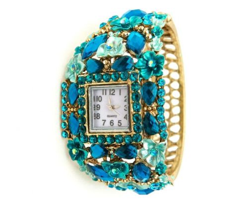 Marysol Jeweled Teal Gold Floral Cuff Women’s Bangle Watch