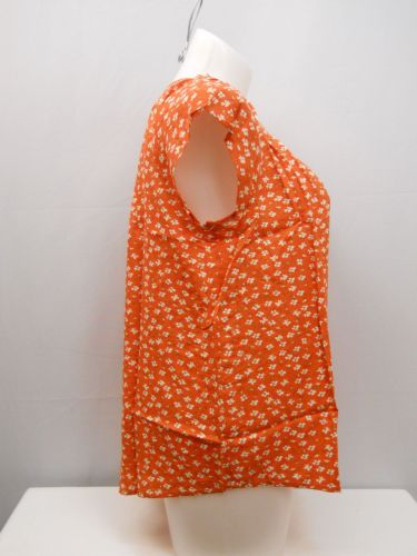 PLUS SIZE 1X Womens Peasant Top FADED GLORY Orange Floral Button Front Short Sle