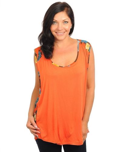 C.O.C. Orange Floral Sleeveless Open Crisscross Split Sheer Back Top Size1XL-3XL