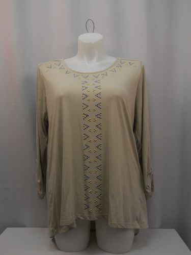 Style & Co Knit Top Plus Size 2X Solid Beige Jeweled 3/4 Sleeves Scoop Neck