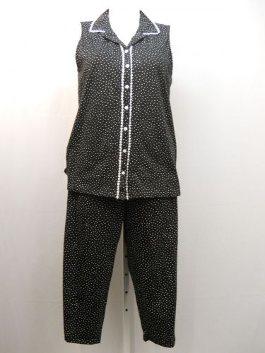 SIZE XL Womens 2PC PJ Set SECRET TREASURES Black Polka Dot Collar Top Crop Pant