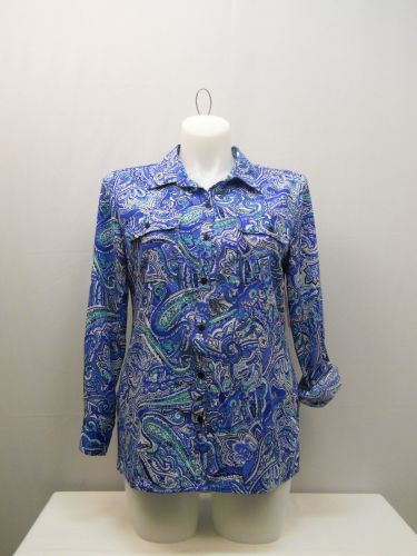 SIZE L Womens Button Down Shirt NOTATIONS Blue Paisley Collared Long Sleeves