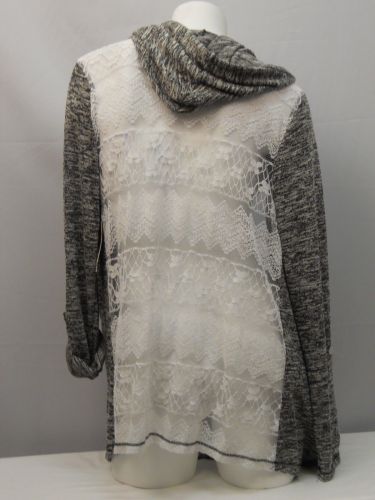 No Boundaries Women’s Wrap Cardigan Size XL Black Marl Hooded Ivory Lace Back