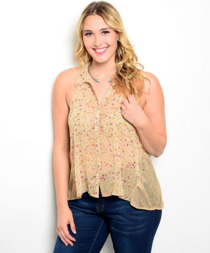 Zenobia Women’s Button Shirt Plus Size 1XL-3XL Tan Floral & Lace Plunging Sides