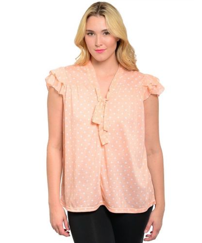 Level Eight Plus Womens Blouse Peach Polka Dot Necktie Cap Sleeves V-Neck Career