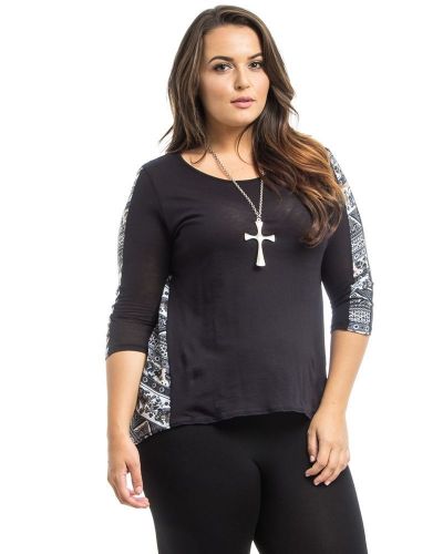 Hot Ginger Black Gray Paisley Mixed Scoop Neck 3/4 Sleeve Hi-Lo Top Size XL-3XL