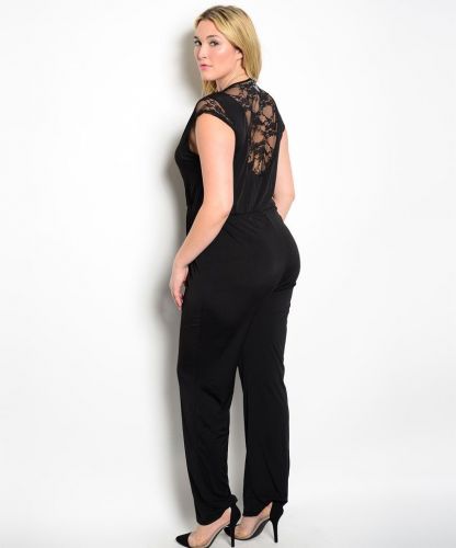 PLUS SIZE 2X Womens Jumpsuit H.B.G.B. Black Wrap Lace Cap Sleeves Straight Legs