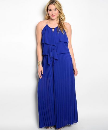 VivaYou Blue Ruffled Bodice Halter Neck Pleated Wide Legs Jumpsuit Size 1XL-3XL