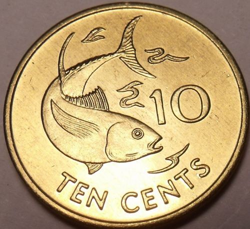 Gem Unc Seychelles 1997-PM 10 Cents~Yellowfin Tuna~Two Sailfish~Free Shipping