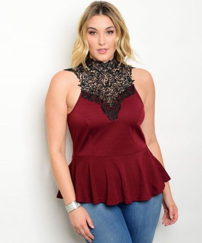 PLUS SIZE 1X 2X 3X Womens Peplum Top CHARLOTTE RUSSE Burgundy Black Crochet Lace