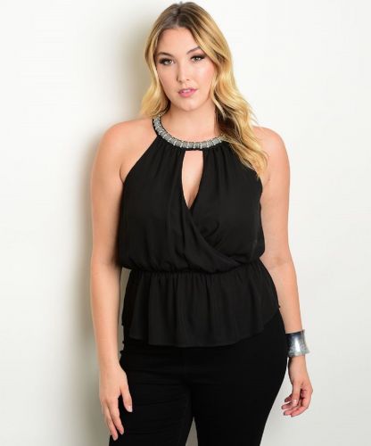 PLUS SIZE 1X 2X 3X Womens Halter Top HAVE PLUS Embellished Solid Black Evening W