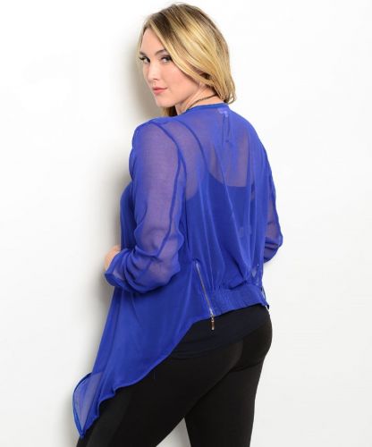 Crystal K Women’s Plus Size Open Wrap Top Sheer Asymmetrical Solid Blue Clubwear