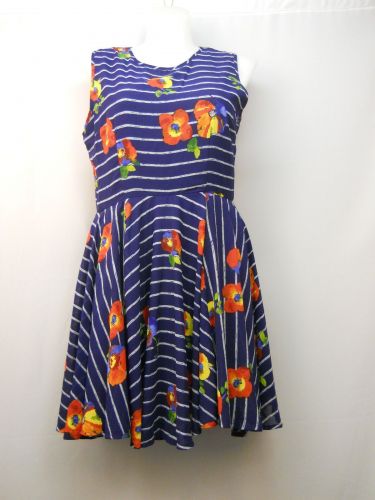 SIZE 2XL Womens Skater Dress MAISON JULES Blue Floral Striped Chiffon Overlay