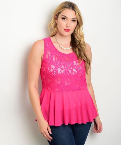 SIZE XL XXL XXXL Womens Sheer Lace Peplum Top ZENOBIA Solid Fuchsia Evening Wear