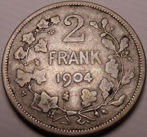 Scarce Rare Silver Belgium 1904 2 Frank~1st Year Ever Minted~Dutch Legend~Fr/Shi