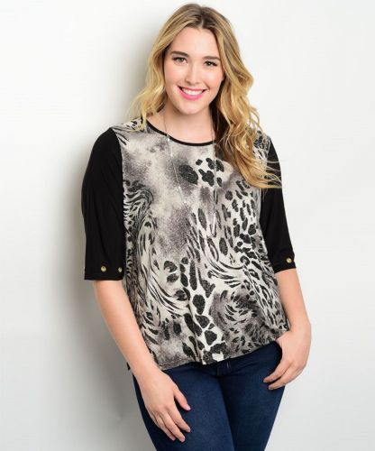 Essential Women&rsquo;s Tunic Knit Top Plus Size 1XL-3XL Glitter Gray Animal Print