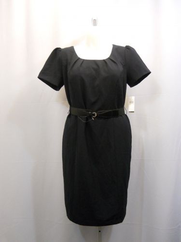 AGB Navy Short Sleeves Scoop Pleated Neck Belted Dress Plus Size 14W