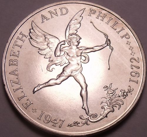 Rare Guernsey 1972 25 Pence~Elizabeth And Phillip 25th Anniversary~Cupid~Fr/Ship