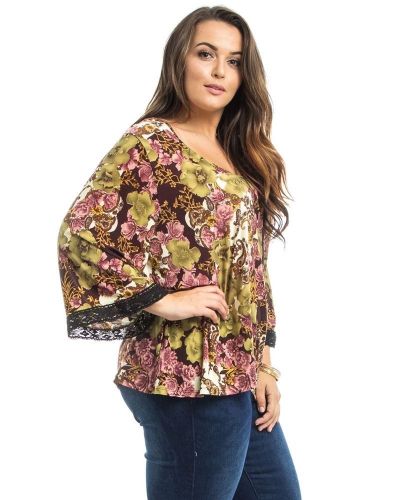 Takuni Olive Floral 3/4 Black Lace Trim Sleeves Scoop Neck Knit Top Size 1X-3X