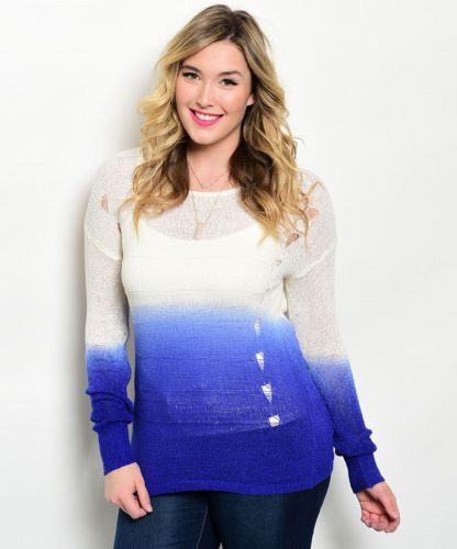 Zenobia Womens Sweater Plus Size Ombre Tech Printing Distressed Sides Royal Blue