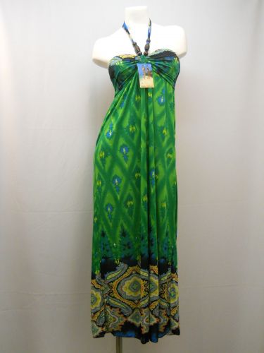 Green Paisley Beaded Cocktail Sexy Full Length 65% Silk Halter Dress Size L