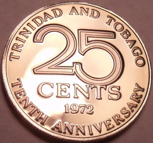 Rare Proof Trinidad & Tobago 1972 25 Cents~10th Anniversary of Independence~Fr/S