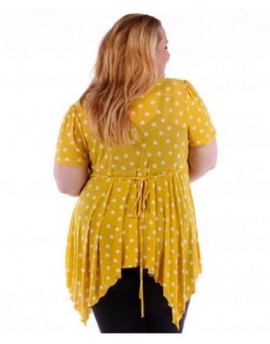 PLUS SIZE 5X 6X Knit Top YUMMY Yellow Polka Dot Square Neck Handkerchief Hem