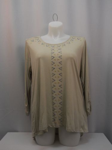 Style & Co Knit Top Plus Size 2X Solid Beige Jeweled 3/4 Sleeves Scoop Neck
