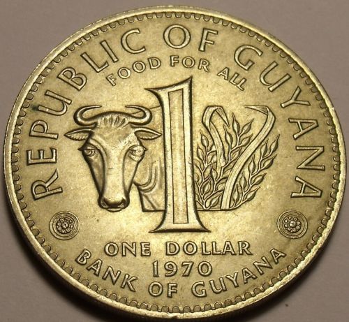 Large Gem Unc Guyana 1970 F.A.O. Dollar~The Slave That Organized The Revolt~FR/S