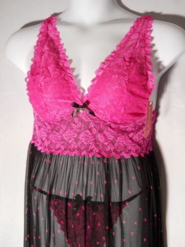 Pucker Up 2 Piece Plus Size 1X 2X 3X Pink Lace & Black Babydoll &Thong