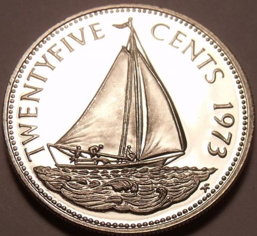 Rare Proof Bahamas 1973 25 Cents~Bahamian Sloop~Only 35,000 Minted~Free Shipping