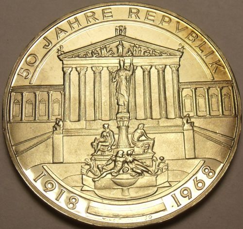 Rare Silver Proof Austria 1968 50 Schilling~Only 39,800 Minted~50th Anniv~Fr/Shi