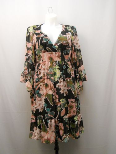 Shelby & Palmer Women’s Empire Waist Dress Size 16 Black Floral Kimono Sleeves