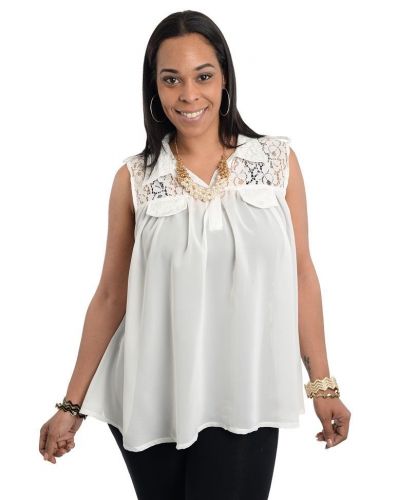 Dila Lace Yoke White Sleeveless Collar Neck Babydoll Sheer Top Size 1X-3X