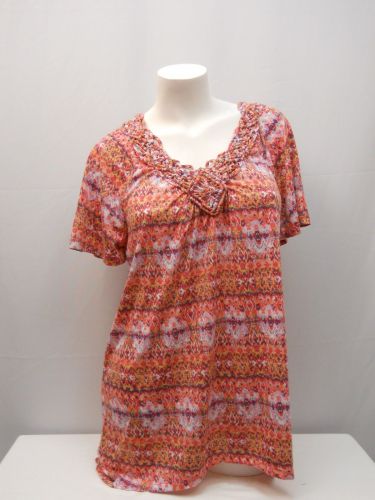 White Stag Women's Tunic Top Size L Print Macrame V-Neck Sharkbite Hem Pullover