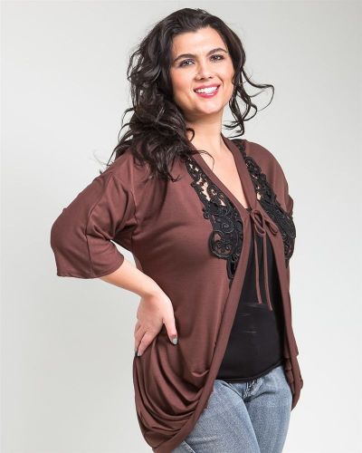 J&D Fashion Brown 3/4 Sleeves V-Neck Knit Cardigan Jr Plus Size 1XL-3XL