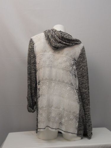 No Boundaries Women’s Wrap Cardigan Size XL Black Marl Hooded Ivory Lace Back