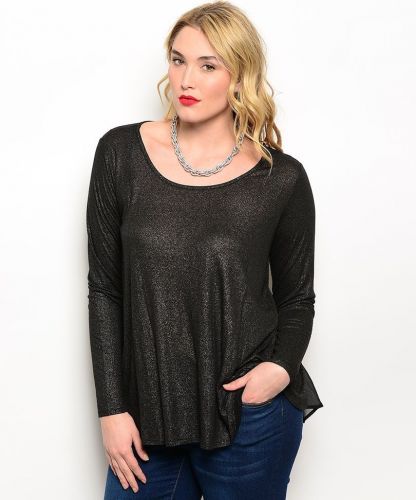 Bellezza Black Long Sleeves Scoop Neck Mesh Back Insert Top Jr. Plus Size XL-3XL