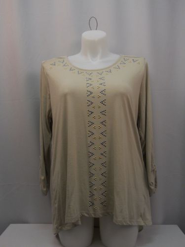 Style & Co Knit Top Plus Size 2X Solid Beige Jeweled 3/4 Sleeves Scoop Neck