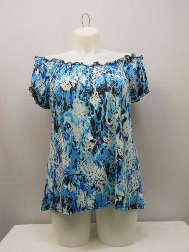 ACW Women’s Peasant Knit Top Plus Size 2X Blue Geometric Short Sleeves Sequins