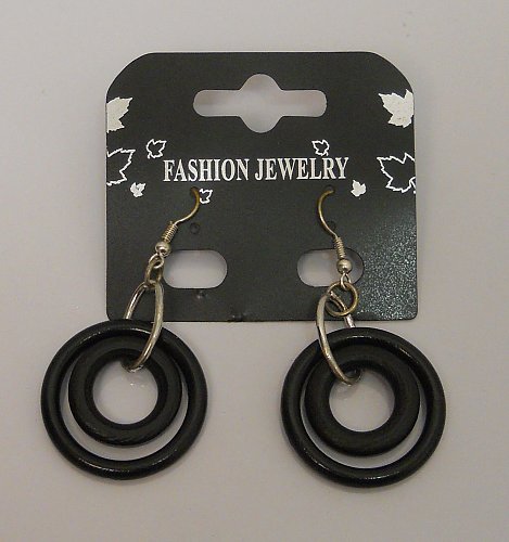 Women Fashion Drop Dangle Earrings Black Circles Silver Tones Hook Fastener FASH