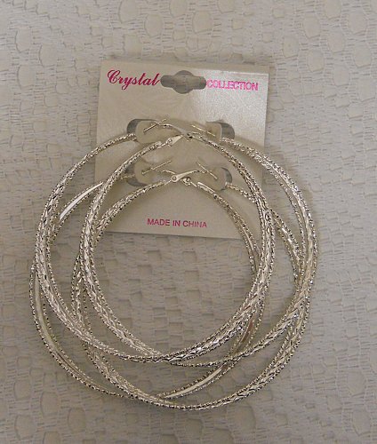 Women Earrings 2 Pair Fashion Triple Hoop Silver Tones Leverback CRYSTAL COLLECT