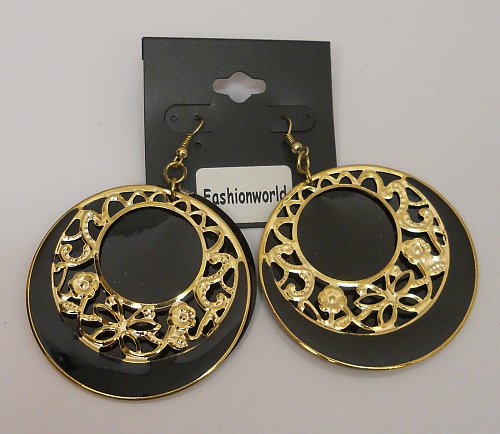 Women Fashion Drop Dangle Earrings Black Shells Gold Tones Hook Fasteners FASHIO