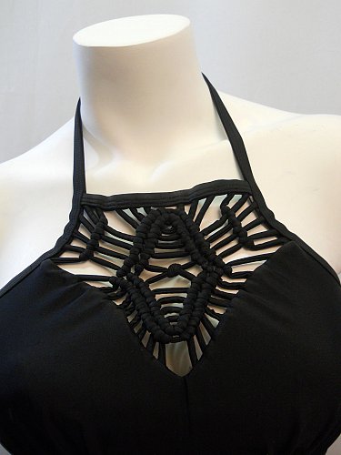 SIZE 10 Women Macrame High-Neck Tankini Swim Top SHORE CLUB Solid Black Halter