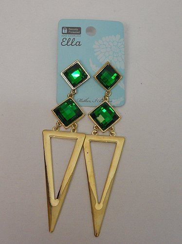 Earrings Women Fashion Drop Dangle Gold Tones Green Rhinestones ELLA Push Backs