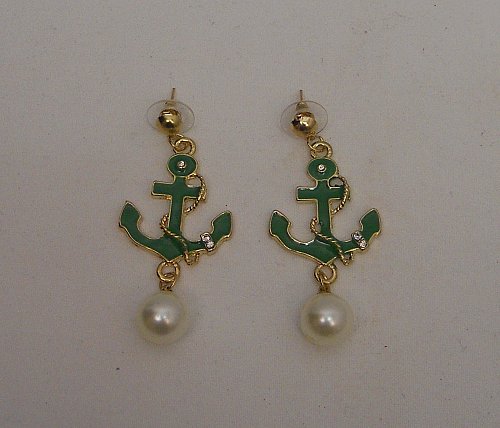 Womens Earrings Gold Green Anchors Fashion Rhinestones Drop Dangle MDL Push Back