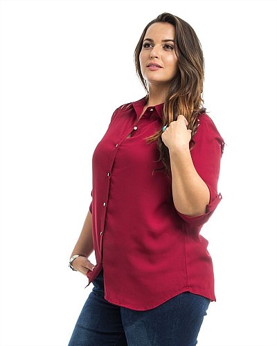 PLUS SIZE 1X 2X 3X Women Button Shirt ROMAN Burgundy Lattice Detail ¾ Tab Sleeve