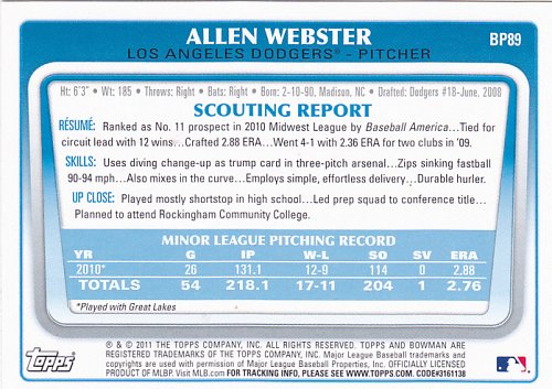 Allen Webster #BP89 - Dodgers 2011 Bowman Baseball Trading Card