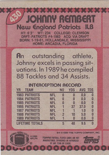 Johnny Rembert #430 - Patriots 1990 Topps Football Trading Card