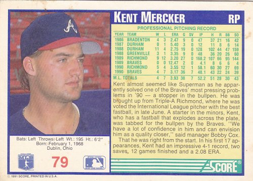 Kent Mercker #79 - Braves 1991 Score Baseball Trading Card